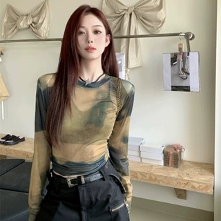 Milyfashion เสื้อยืดแขนยาว ผ้าโปร่ง ซีทรู แบบบาง สีมัดย้อม แฟชั่นฤดูร้อน สไตล์เรโทร สําหรับผู้หญิง