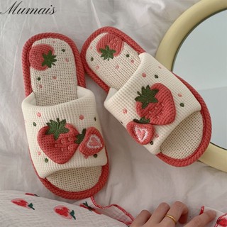 Mumais Slippers Spring and Autumn Sweet Strawberry Soft Bottom Girl Heart Home Mute Cotton Flat Bottom Hemp Slippers