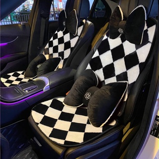 Car Cushion Single Piece Winter Plush Black and White Plaid Simple Winter Warm Thickened Car Saddle Cover Single Seat Cushion 5tPU