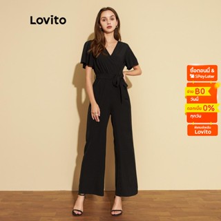 Lovito ชุดจั๊มสูท แขนผีเสื้อ เรียบหรู เนื้อละเอียดอ่อน L25ED086 (สีดํา)