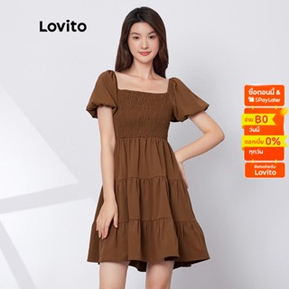 Lovito ชุดเดรสลําลอง แขนพัฟ ทรงเอ สีน้ําตาลมอคค่า L29ED022