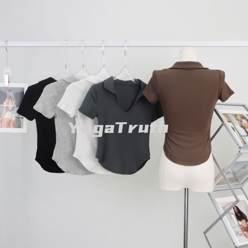 【YOGATRUTH】เสื้อยืดแขนสั้น คอปก รูปตัว U เซ็กซี่ เหมาะกับการเล่นโยคะ เต้นรํา สําหรับผู้หญิง ราคา ถูกที่สุด ดีลบีเคเค แกลเลอรีภาพที่ 3