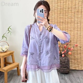 Cotton and linen top summer thin shirt Womens heavy industry embroidered chiffon hem stitching shirt