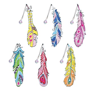 6pcs Decoration Home Crystal Embroidery DIY Accessories Art Craft Feather Shape Acrylic Painting Diamond Bookmark Kit