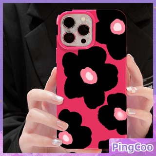 PingCoo - Candy Case For iPhone 14 13 12 11 Plus Pro Max XR TPU Soft Glossy Pink Case Big Retro Black Flowers Camera Protection Shockproof Back Cover