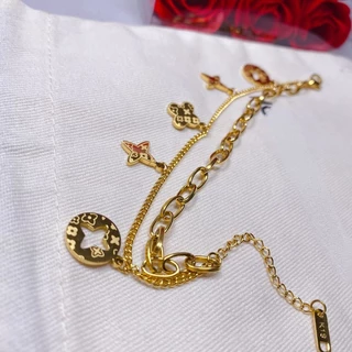 สร้อยข้อมือ ชุบทอง 18K จี้ใบโคลเวอร์สี่แฉก สองชั้น นําโชค แฟชั่นสําหรับผู้หญิง ของขวัญ