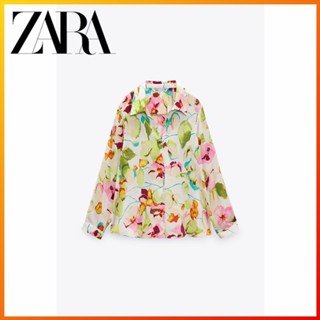 Zara ฤดูใบไม้ผลิ / ฤดูร้อน ใหม่ ผู้หญิง พิมพ์ลายดอกไม้ ผ้าไหมซาติน พื้นผิว เสื้อเชิ้ต