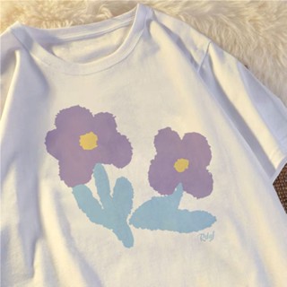 TOP CT【💘💘】Korean loose retro oversize T-shirt purple flower printed cotton short-sleeved top for women