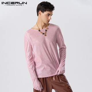 Incerun เสื้อยืด คอกลม แขนยาว แวววาว