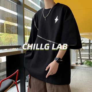 CHILLG LAB เสื้อยืดห้าจุดแขนใหม่แนวโน้มมาตรฐานญี่ปุ่น ins เยาวชนป๊อปฤดูร้อนผู้ชายพิมพ์น้ํารอบคอแฟชั่น