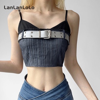 Lanlanlolo เสื้อสายเดี่ยวลําลอง ตัวสั้นพิเศษ สีตัดกัน แฟชั่นสําหรับสตรี (รวมเข็มขัด) 2023