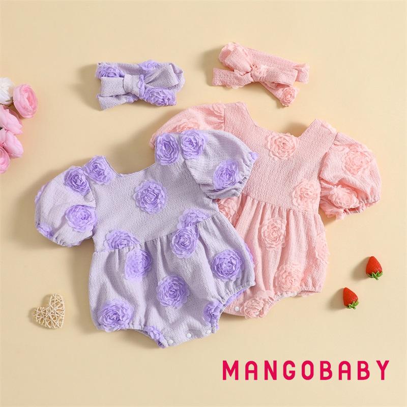 Mgg-infant เด็กทารก Romper 3D ดอกไม้แขนสั้นคอสี่เหลี่ยม Jumpsuits ชุดบอดี้สูทเด็กพร้อมแถบคาดศีรษะ