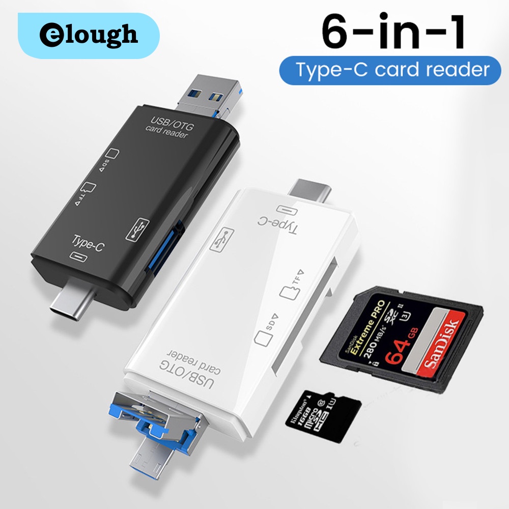 Elough 6 in 1 อะแดปเตอร์การ์ดรีดเดอร์ OTG Type C Micro USB Pen Drive TF SD USB2.0 อเนกประสงค์