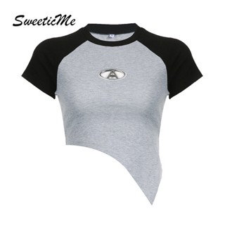 Sweeticme เสื้อยืดคอกลม แขนสั้น สีตัดกัน เข้ากับทุกการแต่งกาย แฟชั่นสําหรับผู้หญิง 2023