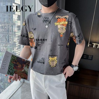 IELGY เสื้อยืดลําลอง แขนสั้น คอกลม พิมพ์ลาย สําหรับผู้ชาย