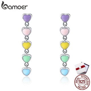 BAMOER ต่างหูหล่นสำหรับผู้หญิงเงินแท้ 925 หัวใจสีรุ้ง SCE451