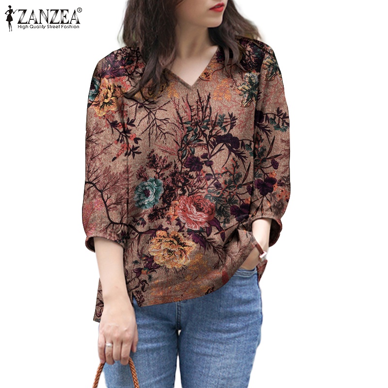 Zanzea เสื้อเบลาส์ คอวี แขนสามส่วน พิมพ์ลายดอกไม้ สไตล์เกาหลี สําหรับผู้หญิง