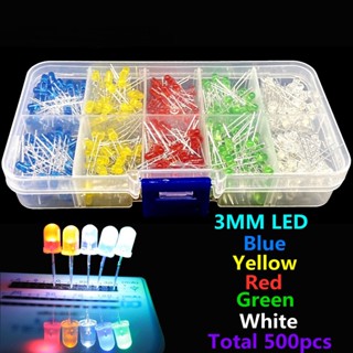 ชุดหลอดไฟไดโอด LED 3 มม. สีแดง สีขาว สีเหลือง สีเขียว สีฟ้า 5 สี 500 ชิ้น ต่อกล่อง