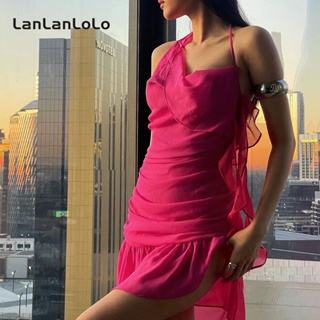 Lanlanlolo ชุดเดรส สายคล้องคอ ผ้าตาข่าย เปลือยหลัง เซ็กซี่ สีพื้น แฟชั่นสําหรับสตรี 2023