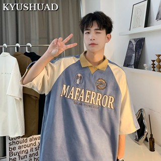 KYUSHUAD เสื้อยืดสำหรับผู้ชายและผู้หญิง, ด้วยความรู้สึกของการออกแบบเฉพาะ, เย็บย้อนยุคอเมริกันสีตัดกันปกโปโลคอปกหลวมแขนสั้น,