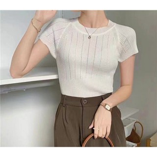 เสื้อคอกลม แขนสั้น ลายทางแนวตั้ง เรียบง่าย สไตล์เกาหลี ฤดูร้อน สําหรับผู้หญิง MC CB5