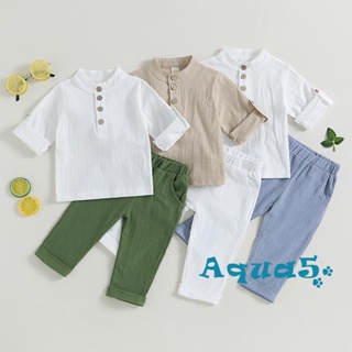 Aqq- ชุดเสื้อเชิ้ตแขนสั้น กางเกงขายาว เอวยางยืด สีพื้น แฟชั่นฤดูร้อน สําหรับเด็กผู้ชาย 2 ชิ้น