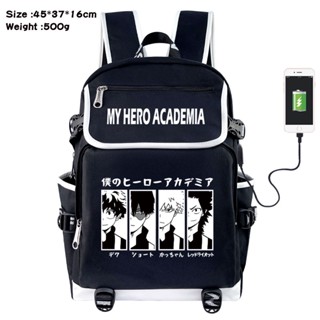 กระเป๋าเป้สะพายหลัง กระเป๋านักเรียน ผ้าแคนวาส ลายการ์ตูน My Hero Academia ชาร์จ USB สีดํา สําหรับเด็กนักเรียน