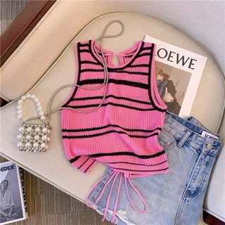 Vintage pink striped knit tank top for women with summer bindings hollowed out