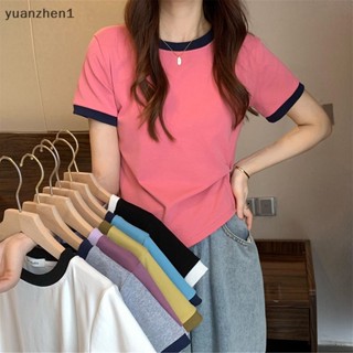 Yuan เสื้อยืดลําลอง คอกลม แขนสั้น สีตัดกัน เหมาะกับฤดูร้อน สําหรับสตรี ZHN