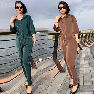 Womens casual loose medium sleeve hooded top large size harem pants two-piece set