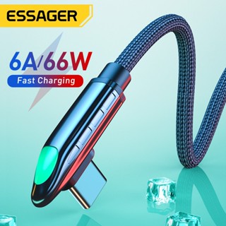 Essager 6A 66W USB Type C สายเคเบิล LED 5A ชาร์จเร็ว USB-C USBC สายชาร์จ 90 องศา สายเคเบิลข้อมูล