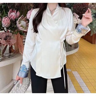 เสื้อเบลาส์ แขนยาว ปักลายกรดอะซิติก คุณภาพสูง สําหรับผู้หญิง