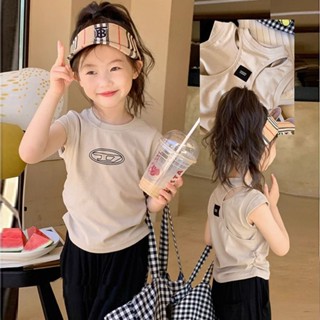 ❀Qinzi เสือดาว❀พร้อมส่ง เสื้อยืดแขนสั้น ผ้าฝ้ายแท้ เอวแคบ แต่งรูกลวง แฟชั่นฤดูร้อน สําหรับเด็กผู้หญิง 2023