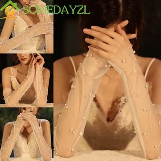 SOMEDAYZL ถุงมือเจ้าสาว ผ้าลูกไม้ ประดับมุก หรูหรา สําหรับงานแต่งงาน