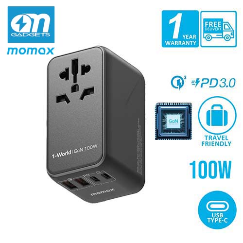 Momax 1-World 100W GaN 4 พอร์ต + อะแดปเตอร์เดินทาง AC UA10
