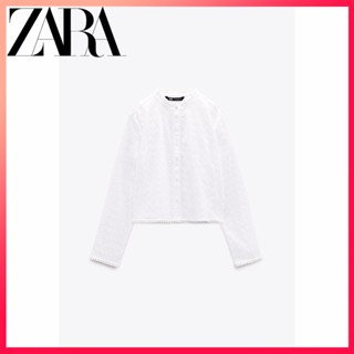 Zara ใหม่ เสื้อคอปก แขนยาว ปักลายกลวง สีขาว สําหรับผู้หญิง