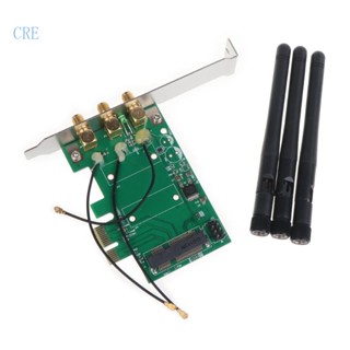 Cre อะแดปเตอร์การ์ด WiFi Mini PCI-E เป็น PCI-E 1X พร้อมเสาอากาศ 3 เสาอากาศ