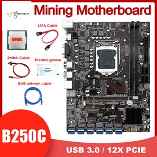 เมนบอร์ด B250C 12USB BTC LGA1151 สีดํา จาระบีความร้อน สายเคเบิลสวิตช์ สายเคเบิลเครือข่าย SATA RJ45 G4400 1 ชุด