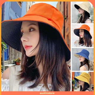 Austinstore หมวกบังแดด หมวกชาวประมง แบน สีพื้น กันลม ป้องกันใบหน้า ทรงกลม ขนาดใหญ่ สําหรับผู้หญิง