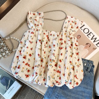 Square Collar Floral Shirt Womens Design Sense Sweet Elegant Chic Flying Sleeve Doll Shirt Top Summer Sling Outer Wear