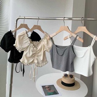 South Korea Dongdaemun 2023 Summer New Drawstring Pleated Collar Short Sleeve Top Camisole Two-piece Set