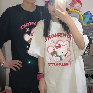 Summer Hello Kitty Casual Short Sleeved T Shirt For Women Loose Korean Fashion Y2k Top Sanrio Clothes Streetwear Oversiz