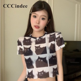 Cccindee เสื้อยืด คอกลม แขนสั้น ผ้าตาข่าย พิมพ์ลายแมว เข้ากับทุกการแต่งกาย แฟชั่นใหม่ สําหรับผู้หญิง 2023