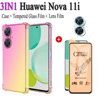 3 in 1 เคสโทรศัพท์มือถือกระจกนิรภัย กันตกสี่มุม และฟิล์มเลนส์ สําหรับ Huawei Nova 11i Nova 9SE 10SE Nova Y70 Y70 Plus