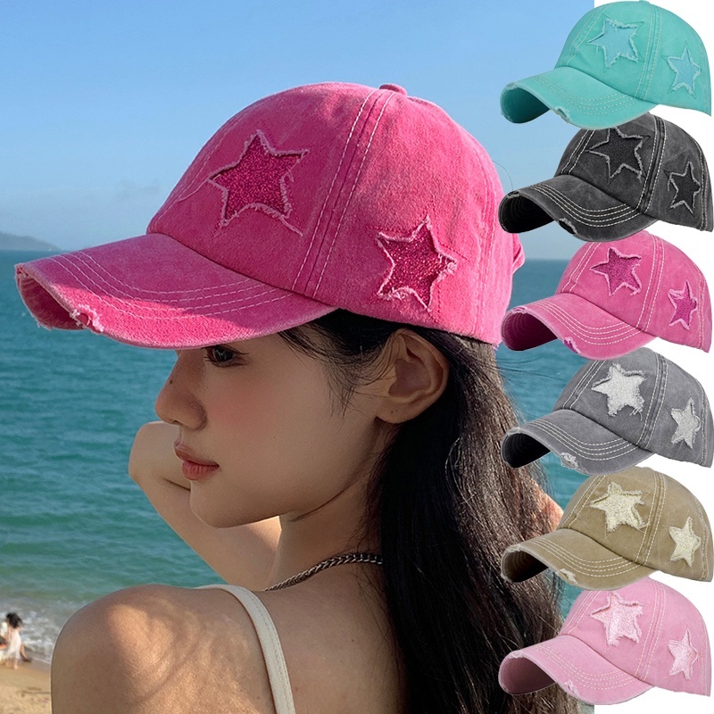 หมวกเบสบอล หมวกแก๊ป ผ้าฝ้ายยีน ปักลายดาว ประดับกลิตเตอร์ สามารถปรับได้ สไตล์สตรีท เรโทร เรียบง่าย สําหรับผู้ชาย และผู้หญิง