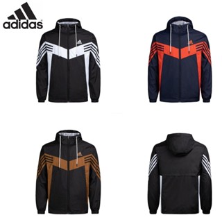 Adidas เสื้อโค้ท มีฮู้ด ปักลายโลโก้ 100% น้ําหนักเบา มีซิป ขนาดใหญ่ สําหรับผู้ชาย