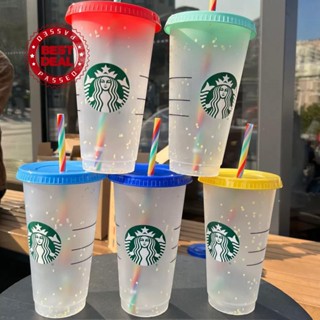 Starbucks แก้วน้ําพลาสติก Pp เปลี่ยนสีตามอุณหภูมิ พร้อมหลอด สีรุ้ง T9M7