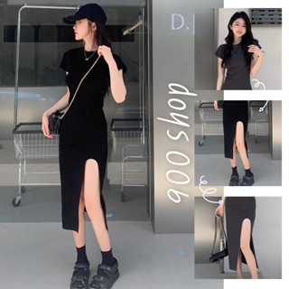 900Shop📌ชุดเดรสยาวแขนสั้นคอกลม แต่งเว้าผ่าหน้า 2 สี ผ้ายืดนิ่มเด้งใส่สบาย