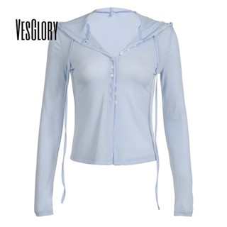 Vesglory เสื้อยืดลําลอง แขนยาว มีฮู้ด ทรงหลวม สีพื้น แฟชั่นสําหรับสตรี 2023