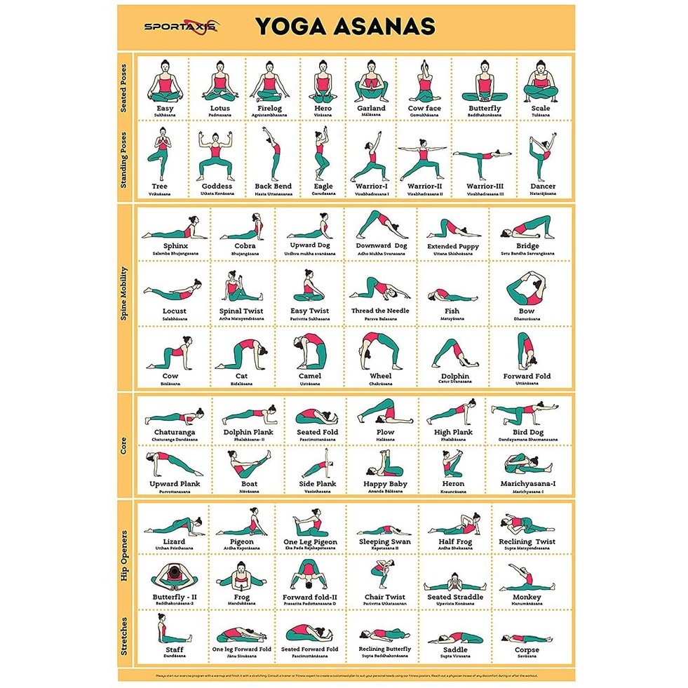 Sportaxis โปสเตอร์โยคะ อาสนะ เต็มตัว พร้อมภาพประกอบภาษาอังกฤษ และชื่อ Sanskrit X D สําหรับออกกําลังกายที่บ้าน